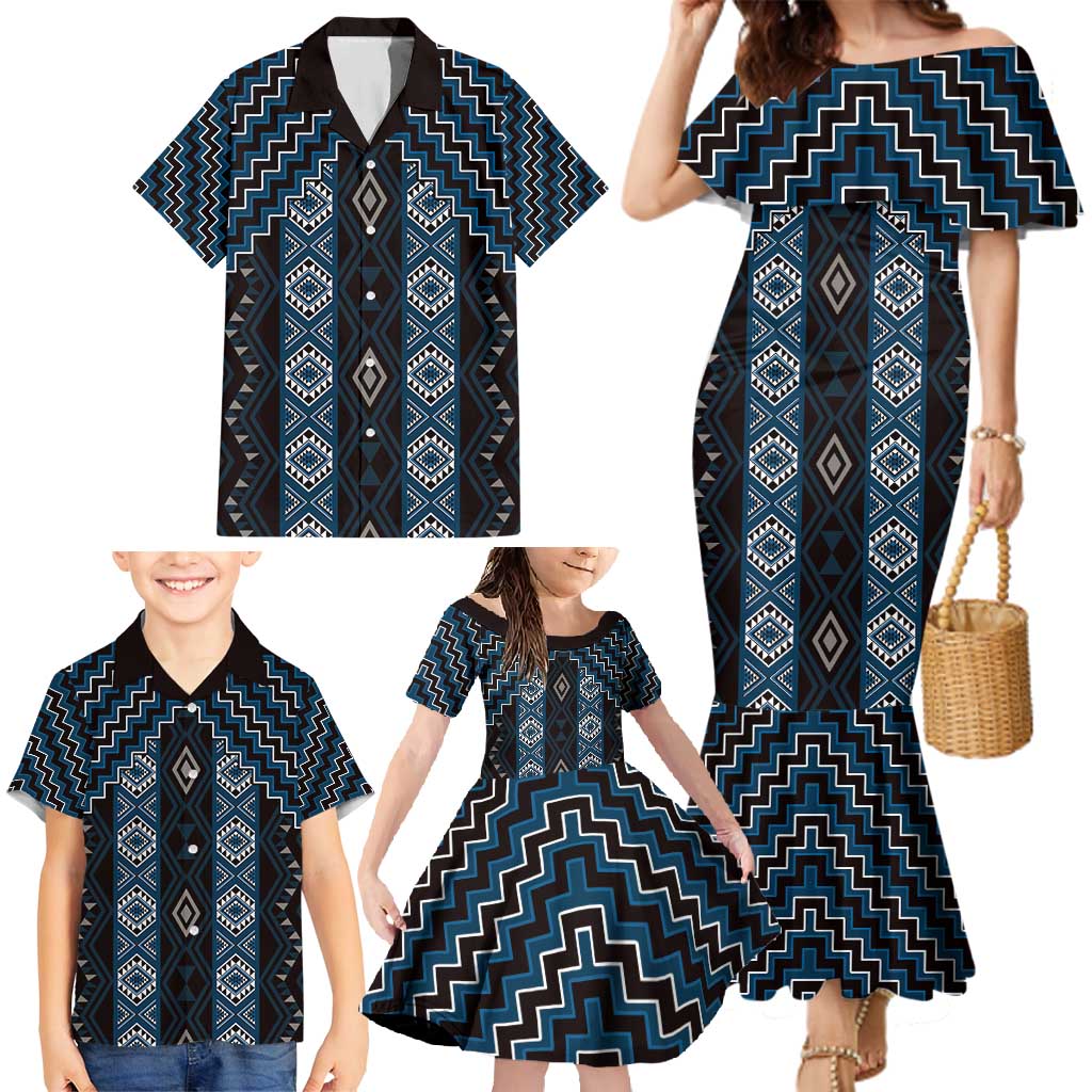 New Zealand Aotearoa Family Matching Mermaid Dress and Hawaiian Shirt Blue Poutama With Taniko Pattern LT05