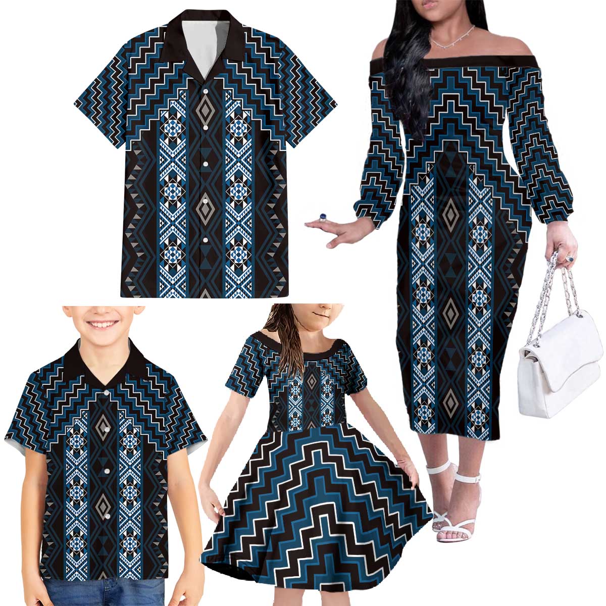 New Zealand Aotearoa Family Matching Off The Shoulder Long Sleeve Dress and Hawaiian Shirt Blue Poutama With Taniko Pattern