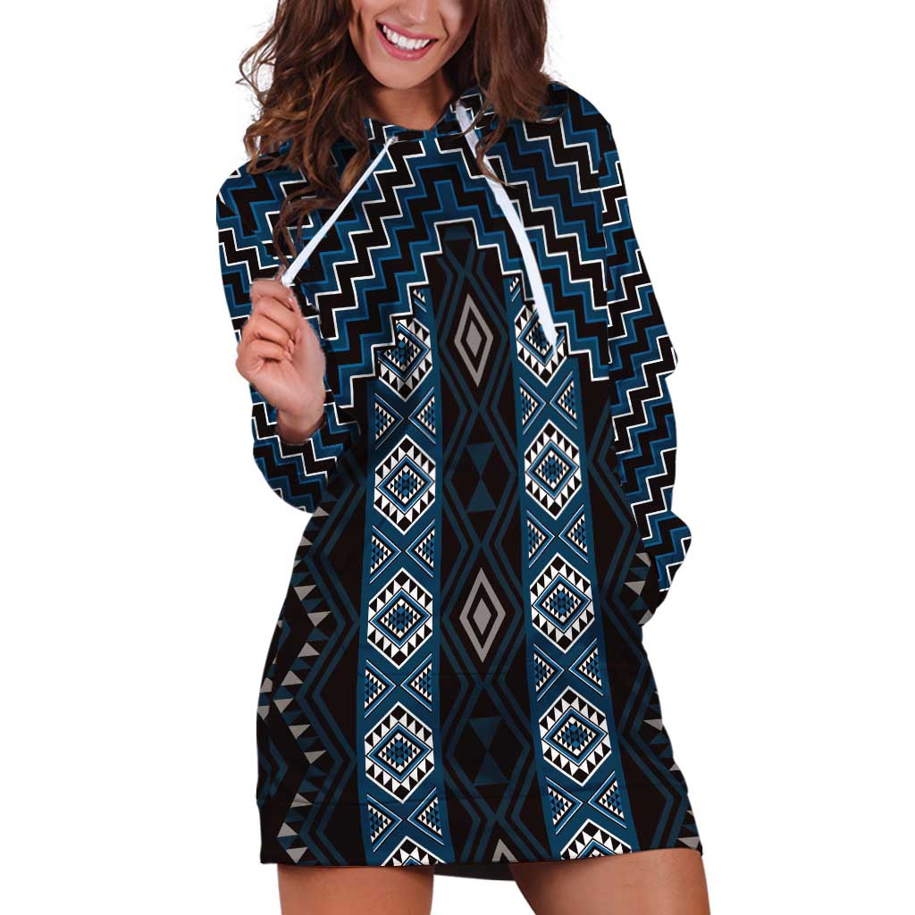 New Zealand Aotearoa Hoodie Dress Blue Poutama With Taniko Pattern LT05 Blue - Polynesian Pride