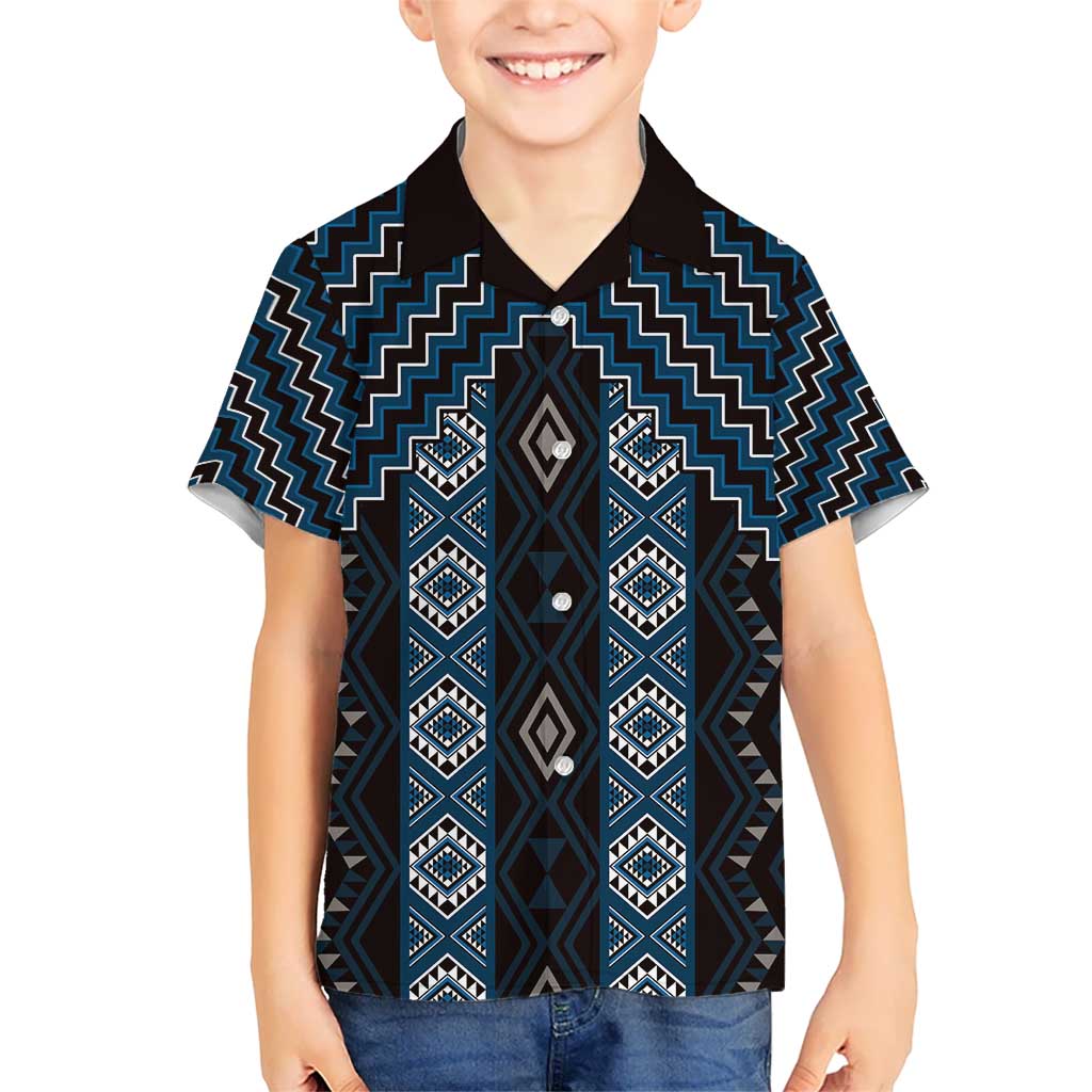 New Zealand Aotearoa Kid Hawaiian Shirt Blue Poutama With Taniko Pattern LT05 Kid Blue - Polynesian Pride
