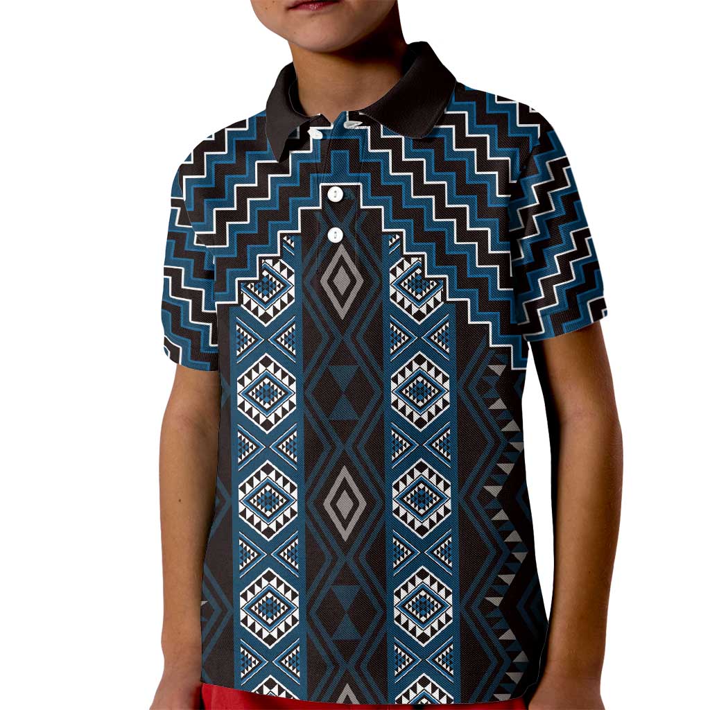 New Zealand Aotearoa Kid Polo Shirt Blue Poutama With Taniko Pattern LT05 Kid Blue - Polynesian Pride