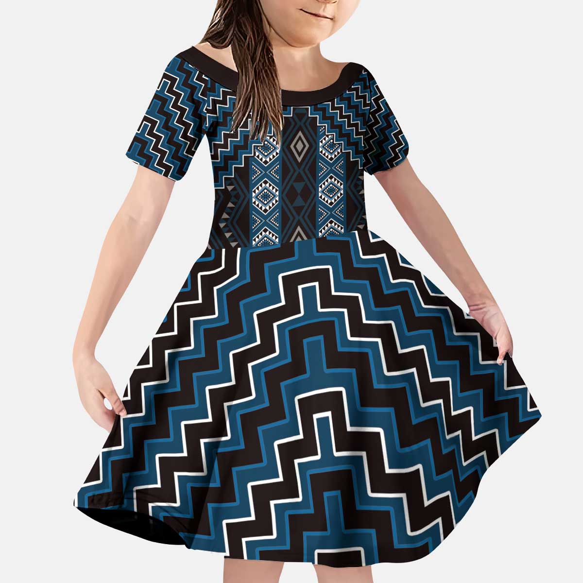 New Zealand Aotearoa Kid Short Sleeve Dress Blue Poutama With Taniko Pattern LT05 KID Blue - Polynesian Pride