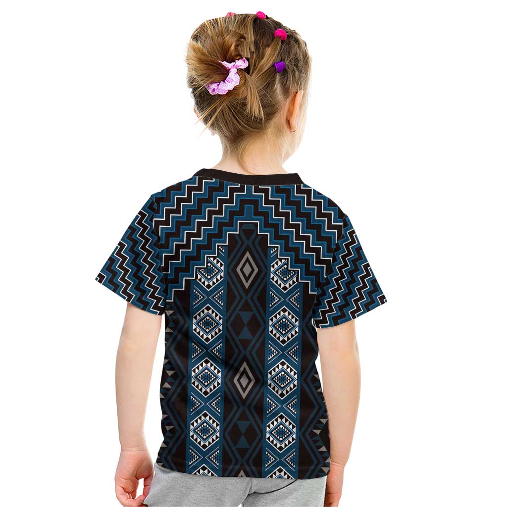 New Zealand Aotearoa Kid T Shirt Blue Poutama With Taniko Pattern LT05 - Polynesian Pride