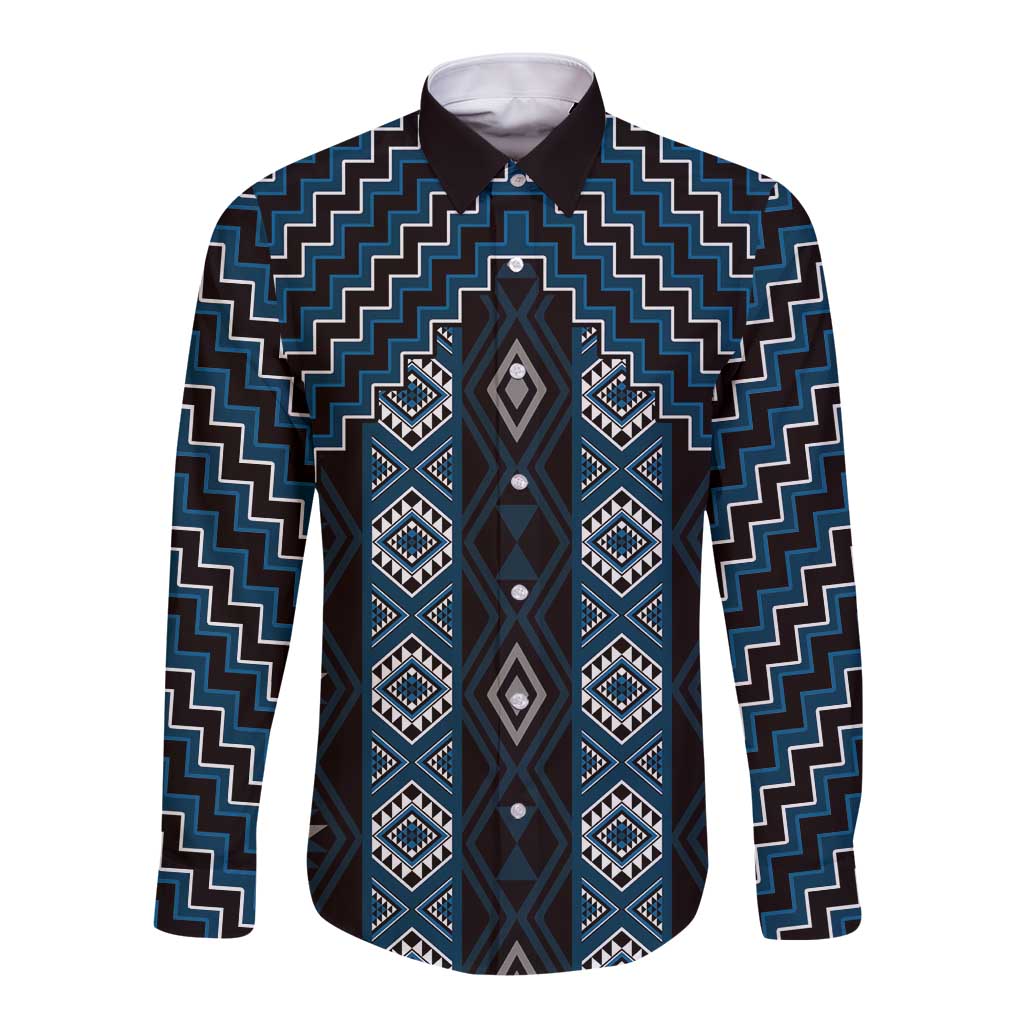 New Zealand Aotearoa Long Sleeve Button Shirt Blue Poutama With Taniko Pattern LT05 Unisex Blue - Polynesian Pride