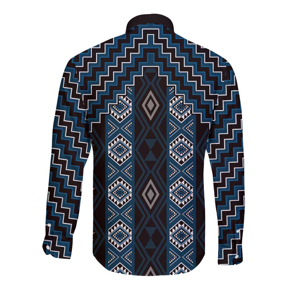 New Zealand Aotearoa Long Sleeve Button Shirt Blue Poutama With Taniko Pattern LT05 - Polynesian Pride