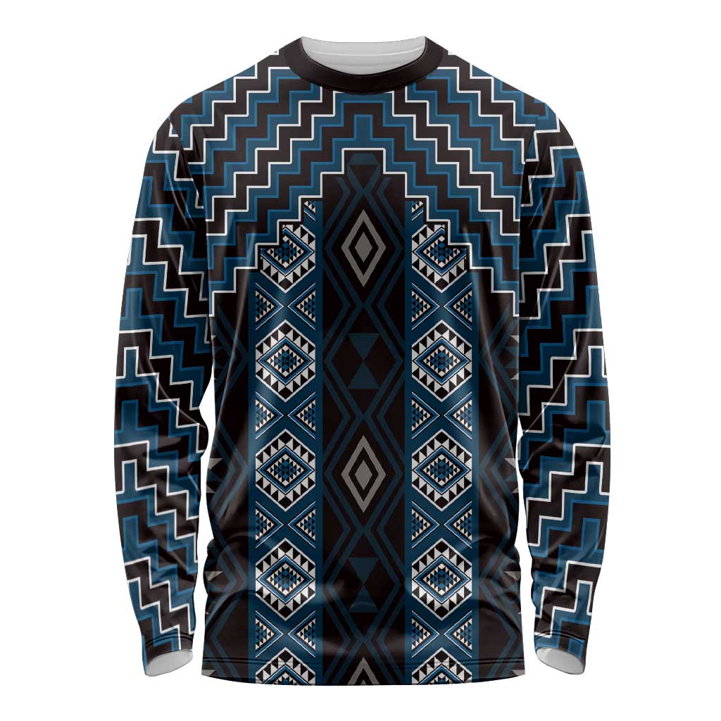 New Zealand Aotearoa Long Sleeve Shirt Blue Poutama With Taniko Pattern LT05 Unisex Blue - Polynesian Pride