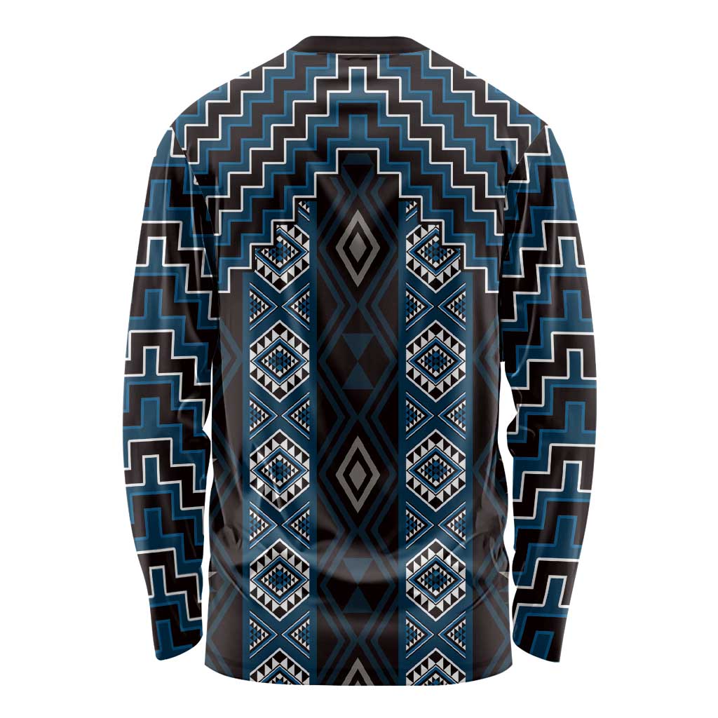 New Zealand Aotearoa Long Sleeve Shirt Blue Poutama With Taniko Pattern LT05 - Polynesian Pride