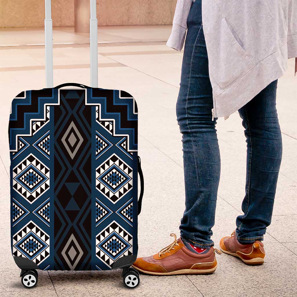 New Zealand Aotearoa Luggage Cover Blue Poutama With Taniko Pattern LT05 Blue - Polynesian Pride