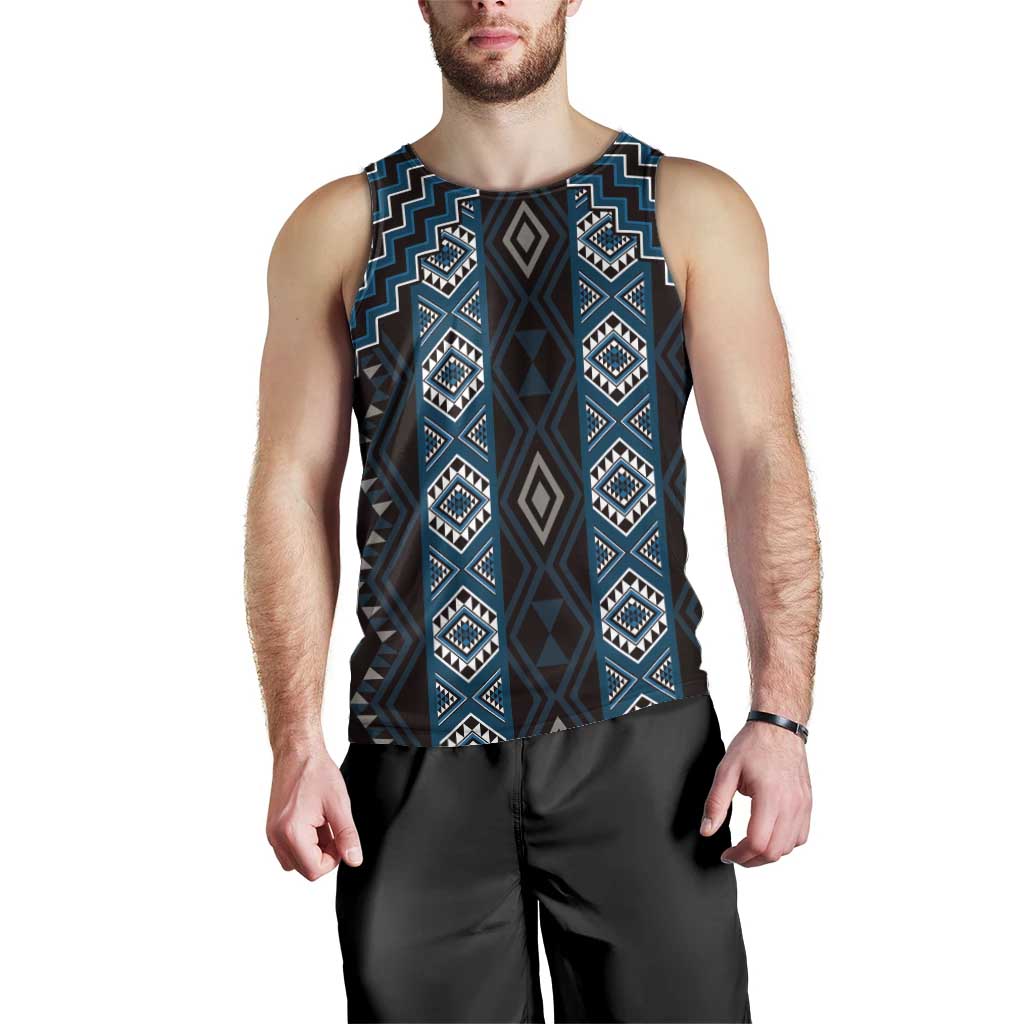 New Zealand Aotearoa Men Tank Top Blue Poutama With Taniko Pattern LT05 - Polynesian Pride