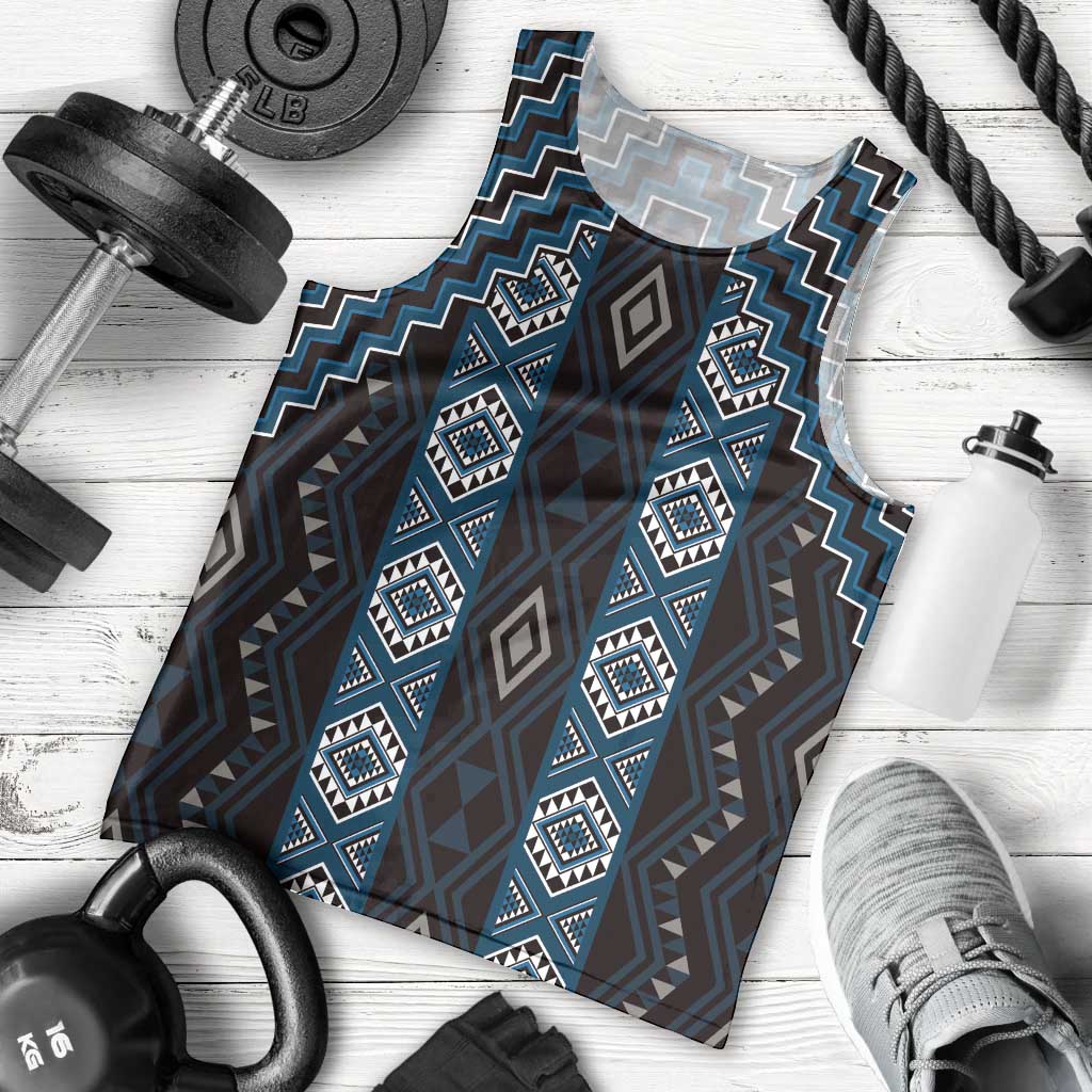 New Zealand Aotearoa Men Tank Top Blue Poutama With Taniko Pattern LT05 - Polynesian Pride