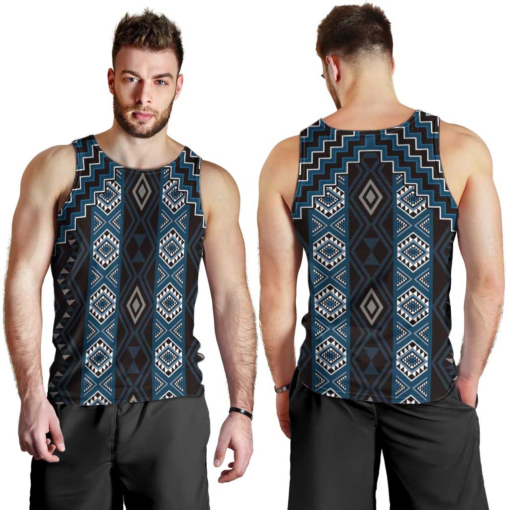New Zealand Aotearoa Men Tank Top Blue Poutama With Taniko Pattern LT05 - Polynesian Pride