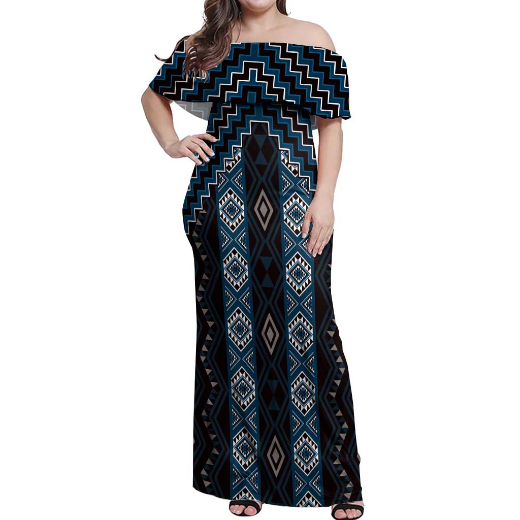 New Zealand Aotearoa Off Shoulder Maxi Dress Blue Poutama With Taniko Pattern LT05 Women Blue - Polynesian Pride