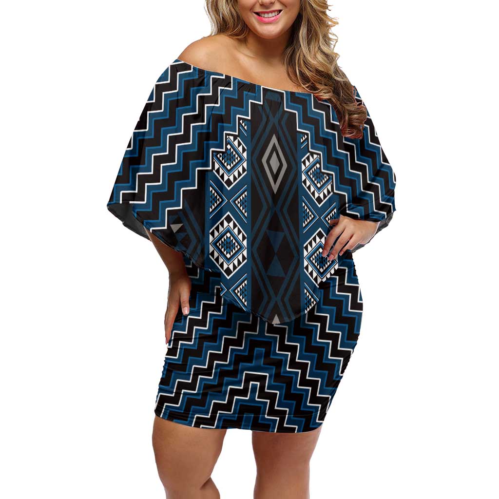 New Zealand Aotearoa Off Shoulder Short Dress Blue Poutama With Taniko Pattern LT05 Women Blue - Polynesian Pride