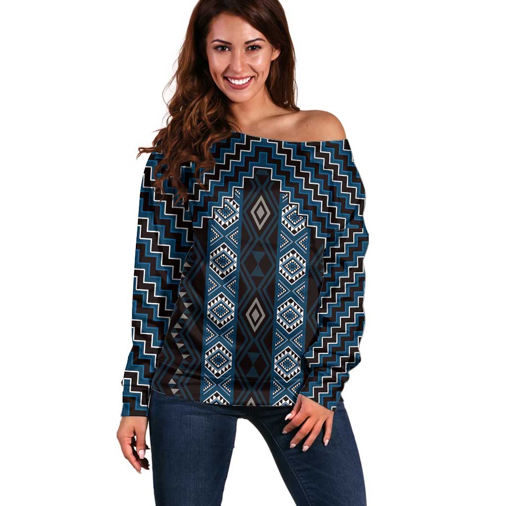 New Zealand Aotearoa Off Shoulder Sweater Blue Poutama With Taniko Pattern LT05 Women Blue - Polynesian Pride