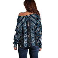 New Zealand Aotearoa Off Shoulder Sweater Blue Poutama With Taniko Pattern LT05 - Polynesian Pride