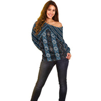 New Zealand Aotearoa Off Shoulder Sweater Blue Poutama With Taniko Pattern LT05 - Polynesian Pride