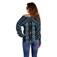 New Zealand Aotearoa Off Shoulder Sweater Blue Poutama With Taniko Pattern LT05 - Polynesian Pride