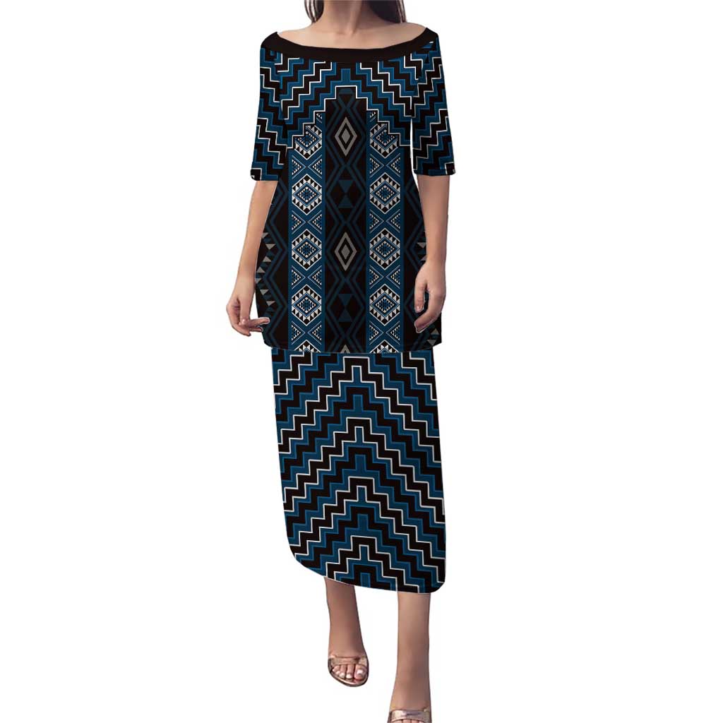 New Zealand Aotearoa Puletasi Blue Poutama With Taniko Pattern LT05 Long Dress Blue - Polynesian Pride
