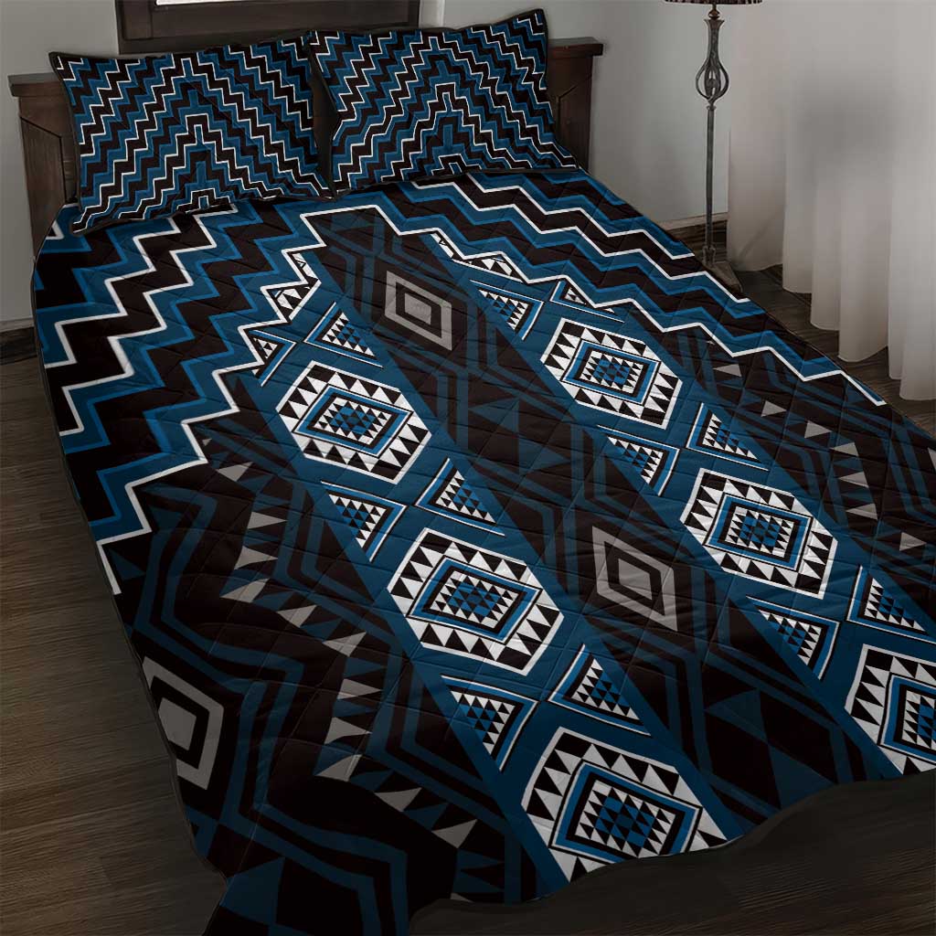 New Zealand Aotearoa Quilt Bed Set Blue Poutama With Taniko Pattern LT05