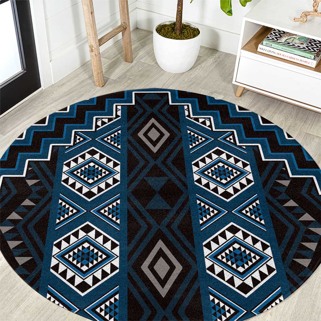 New Zealand Aotearoa Round Carpet Blue Poutama With Taniko Pattern LT05 Blue - Polynesian Pride