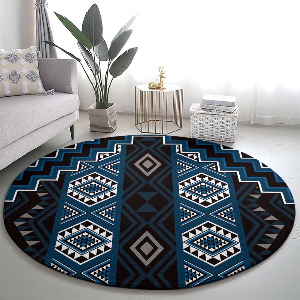 New Zealand Aotearoa Round Carpet Blue Poutama With Taniko Pattern LT05 - Polynesian Pride