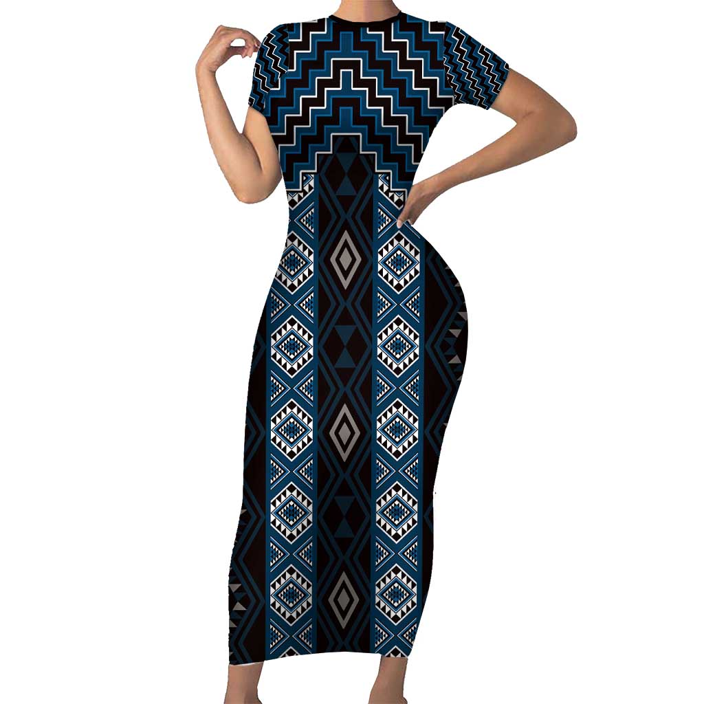 New Zealand Aotearoa Short Sleeve Bodycon Dress Blue Poutama With Taniko Pattern LT05 Long Dress Blue - Polynesian Pride