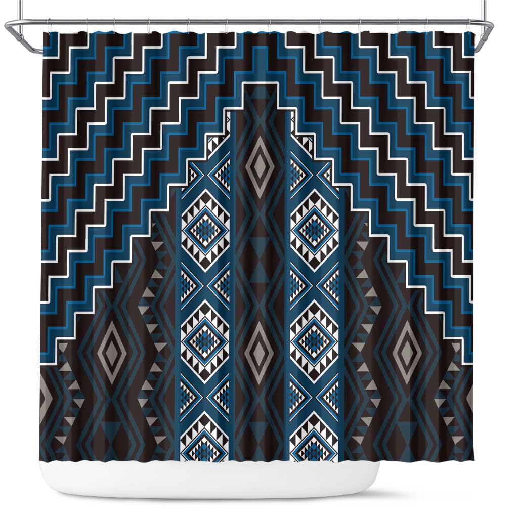 New Zealand Aotearoa Shower Curtain Blue Poutama With Taniko Pattern LT05 Blue - Polynesian Pride