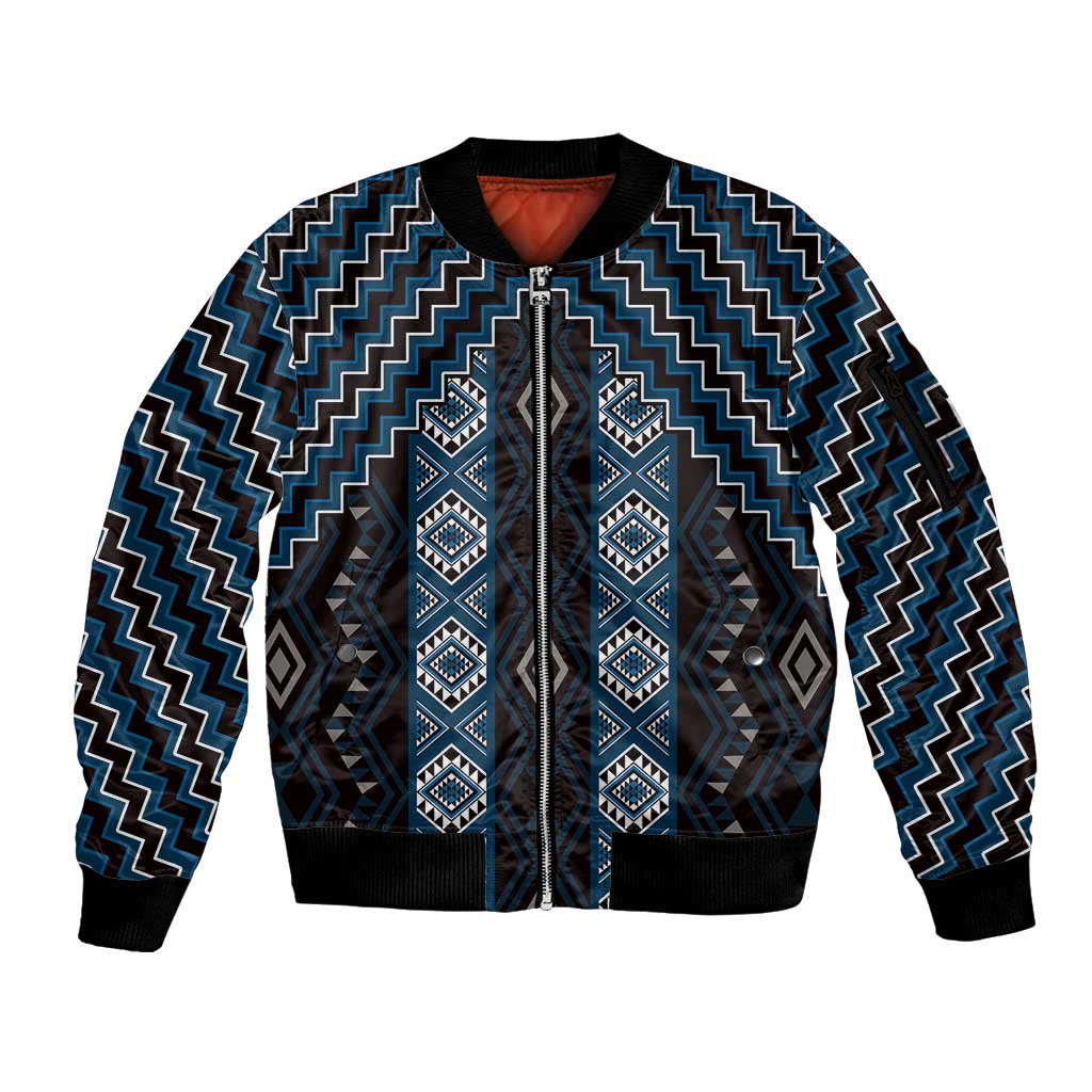 New Zealand Aotearoa Sleeve Zip Bomber Jacket Blue Poutama With Taniko Pattern LT05 Unisex Blue - Polynesian Pride