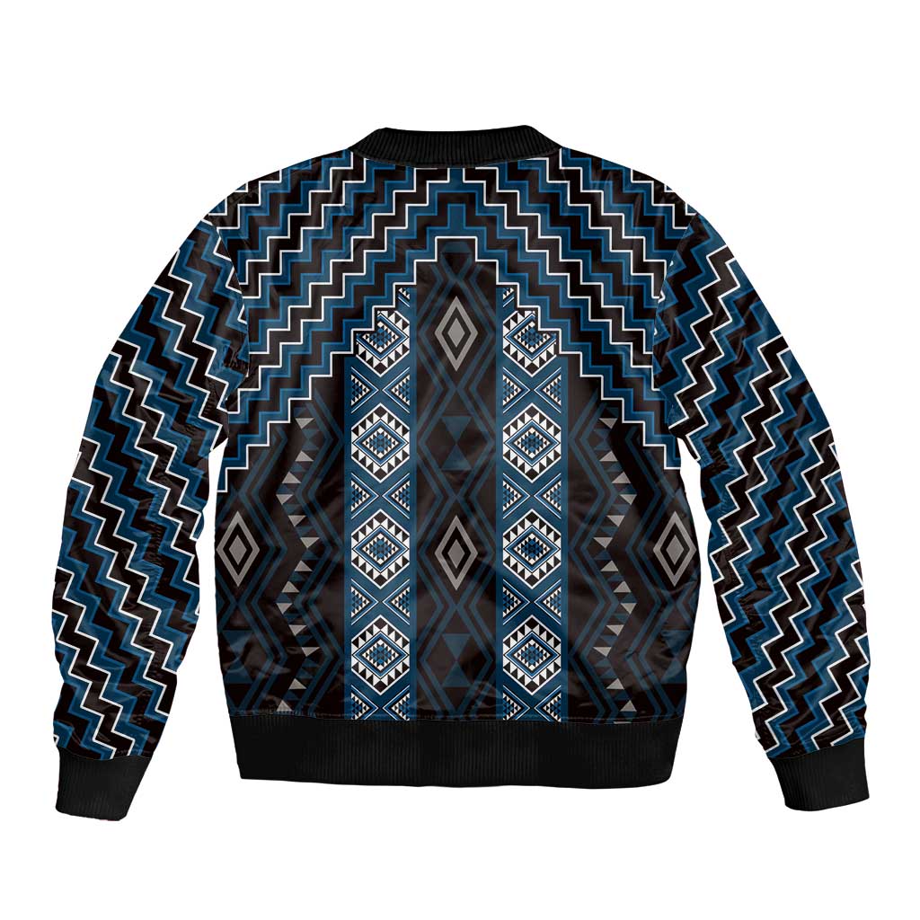 New Zealand Aotearoa Sleeve Zip Bomber Jacket Blue Poutama With Taniko Pattern LT05 - Polynesian Pride