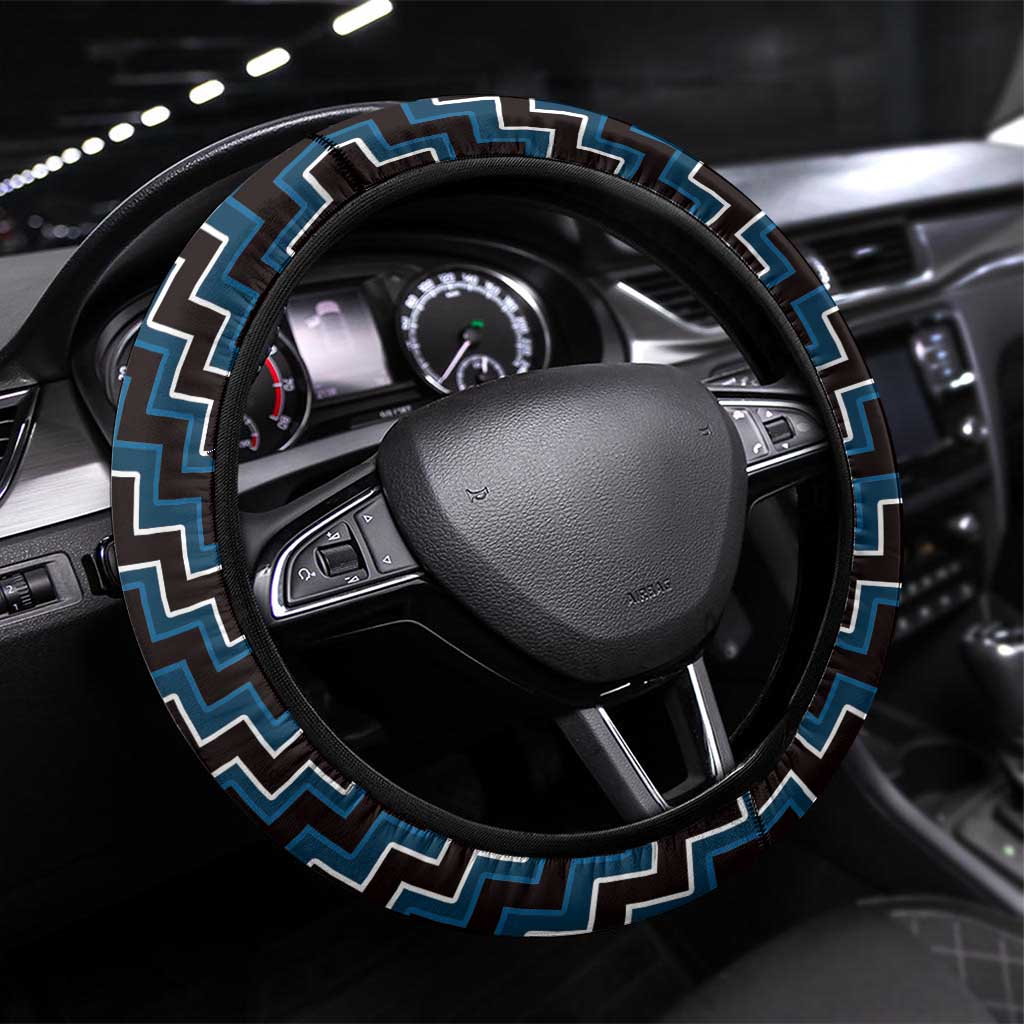 New Zealand Aotearoa Steering Wheel Cover Blue Poutama With Taniko Pattern LT05 Universal Fit Blue - Polynesian Pride