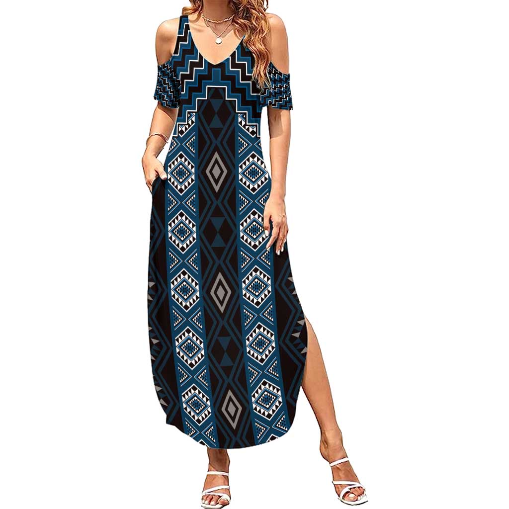 New Zealand Aotearoa Summer Maxi Dress Blue Poutama With Taniko Pattern LT05 Women Blue - Polynesian Pride