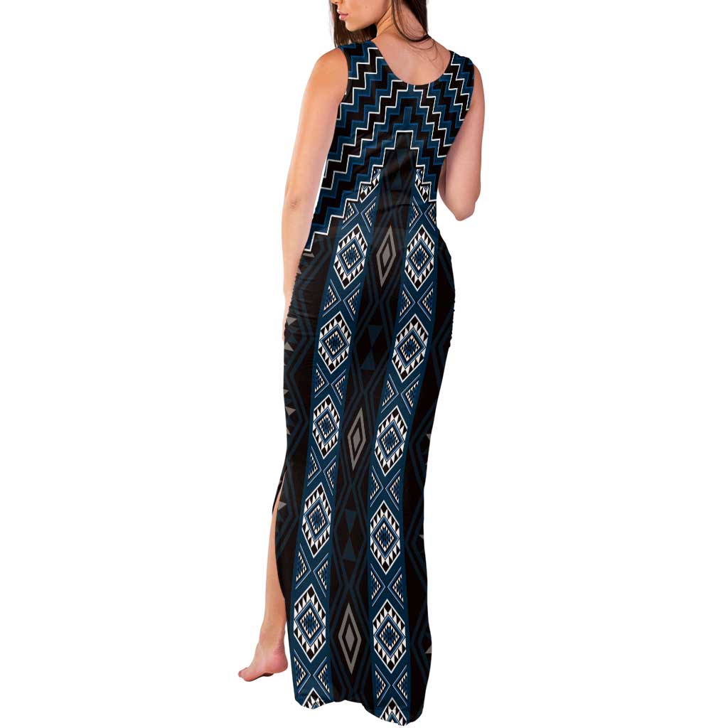 New Zealand Aotearoa Tank Maxi Dress Blue Poutama With Taniko Pattern LT05 - Polynesian Pride