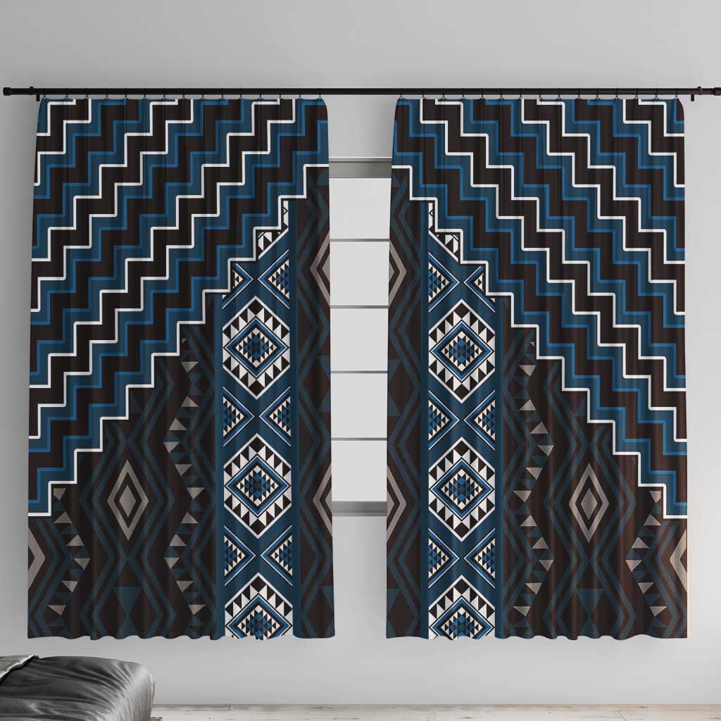 New Zealand Aotearoa Window Curtain Blue Poutama With Taniko Pattern LT05 With Hooks Blue - Polynesian Pride