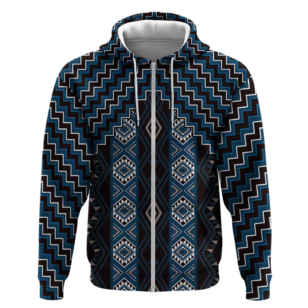 New Zealand Aotearoa Zip Hoodie Blue Poutama With Taniko Pattern LT05 Zip Hoodie Blue - Polynesian Pride