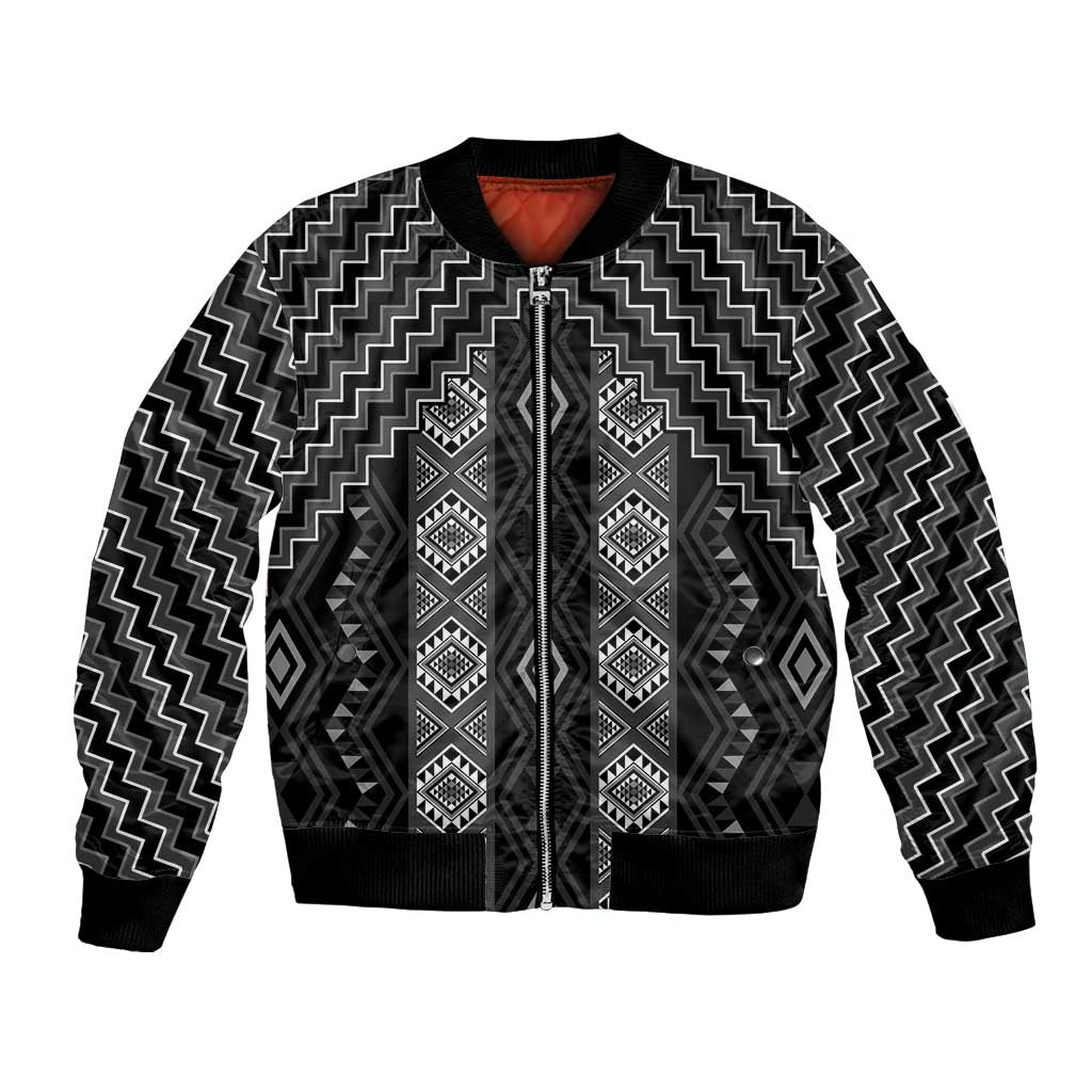 New Zealand Aotearoa Bomber Jacket Black Poutama With Taniko Pattern LT05 Unisex Black - Polynesian Pride