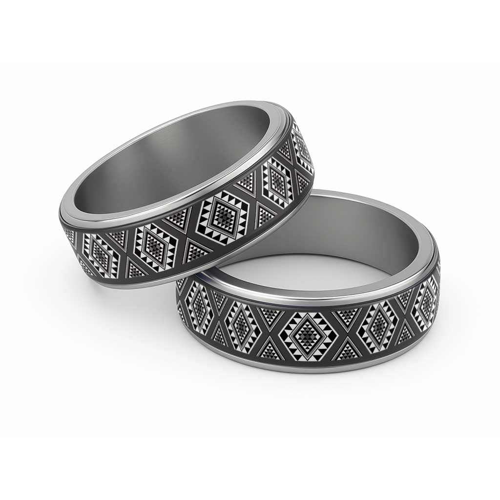 New Zealand Aotearoa Classic Ring Black Poutama With Taniko Pattern LT05 Sliver Black - Polynesian Pride
