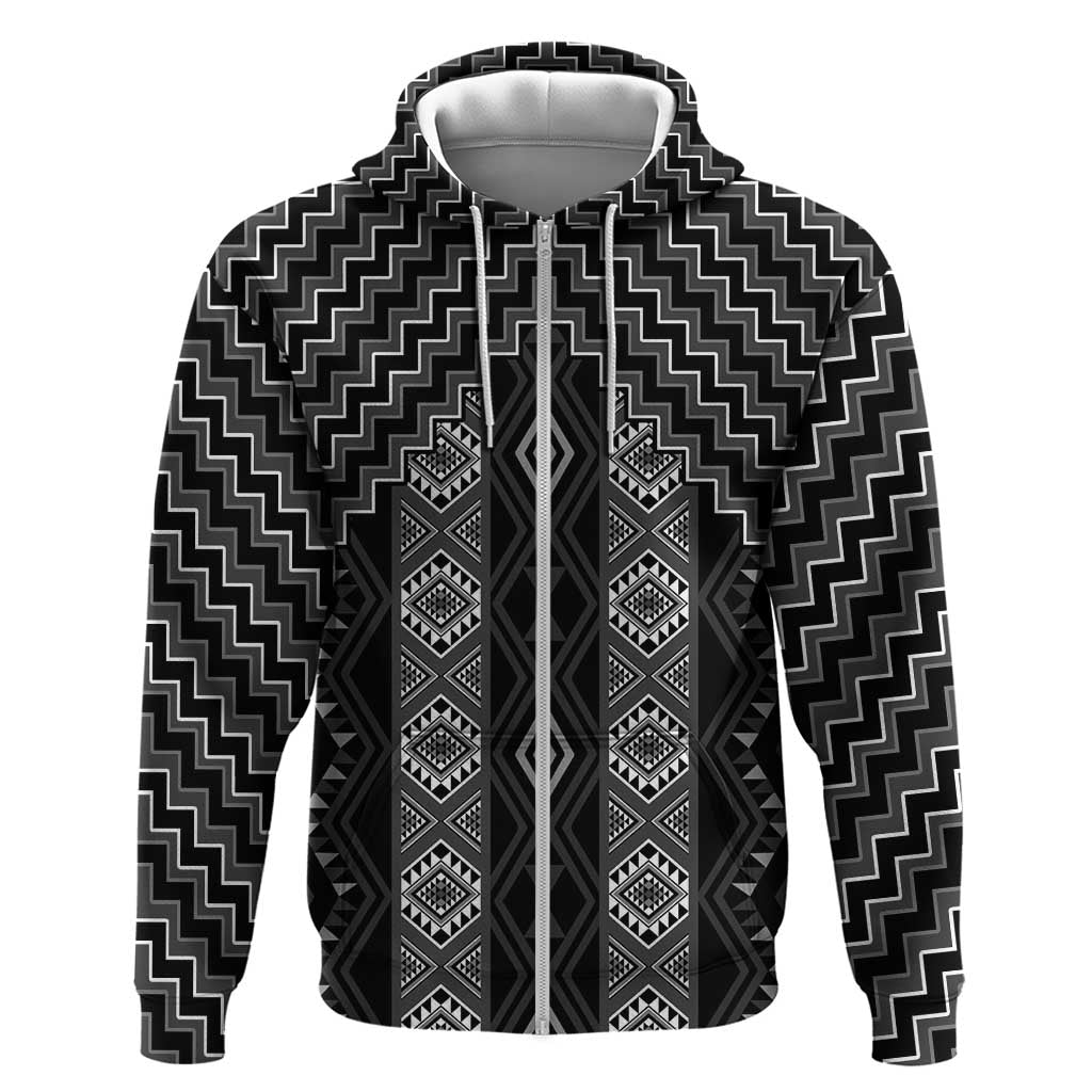 New Zealand Aotearoa Hoodie Black Poutama With Taniko Pattern LT05 Zip Hoodie Black - Polynesian Pride