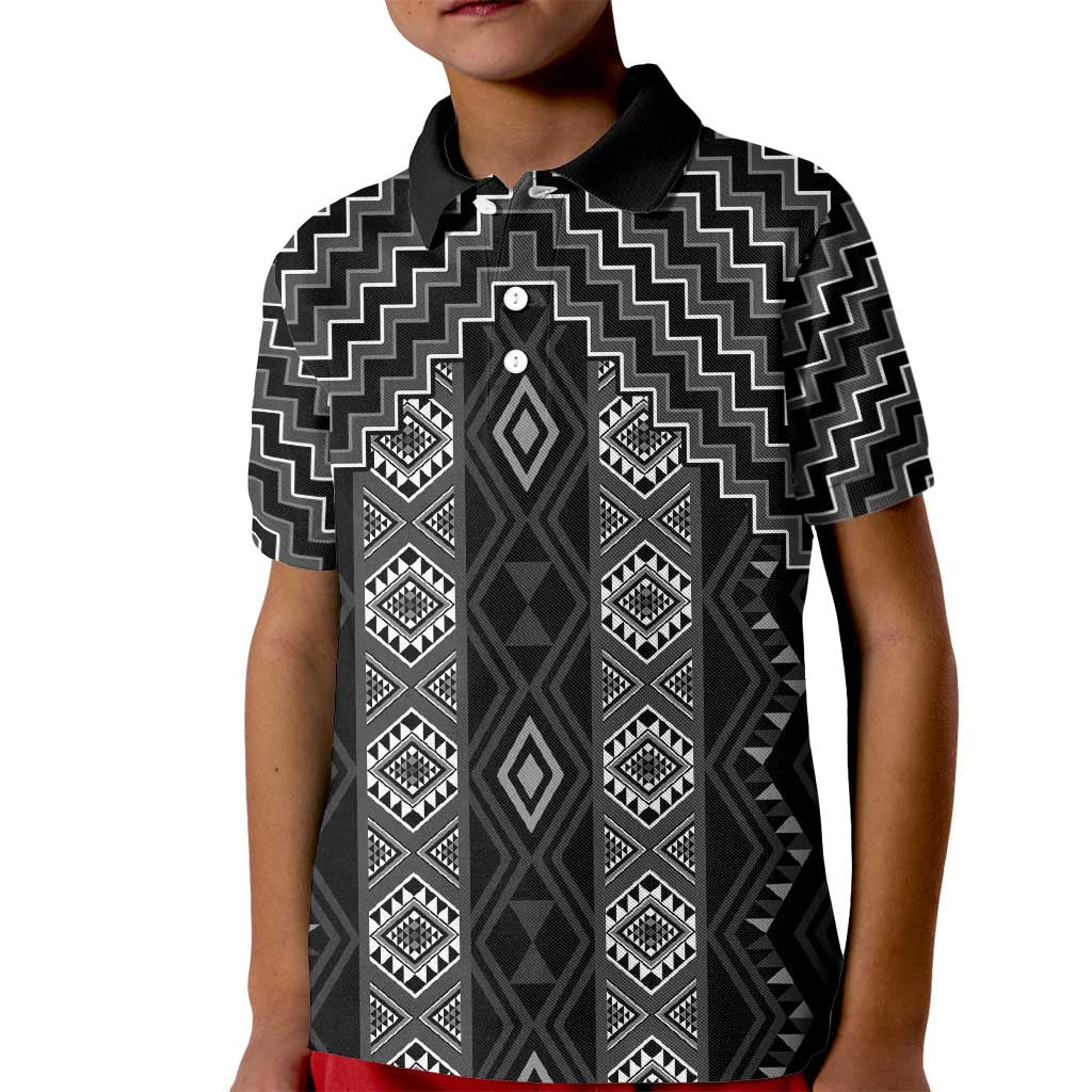 New Zealand Aotearoa Kid Polo Shirt Black Poutama With Taniko Pattern LT05 Kid Black - Polynesian Pride