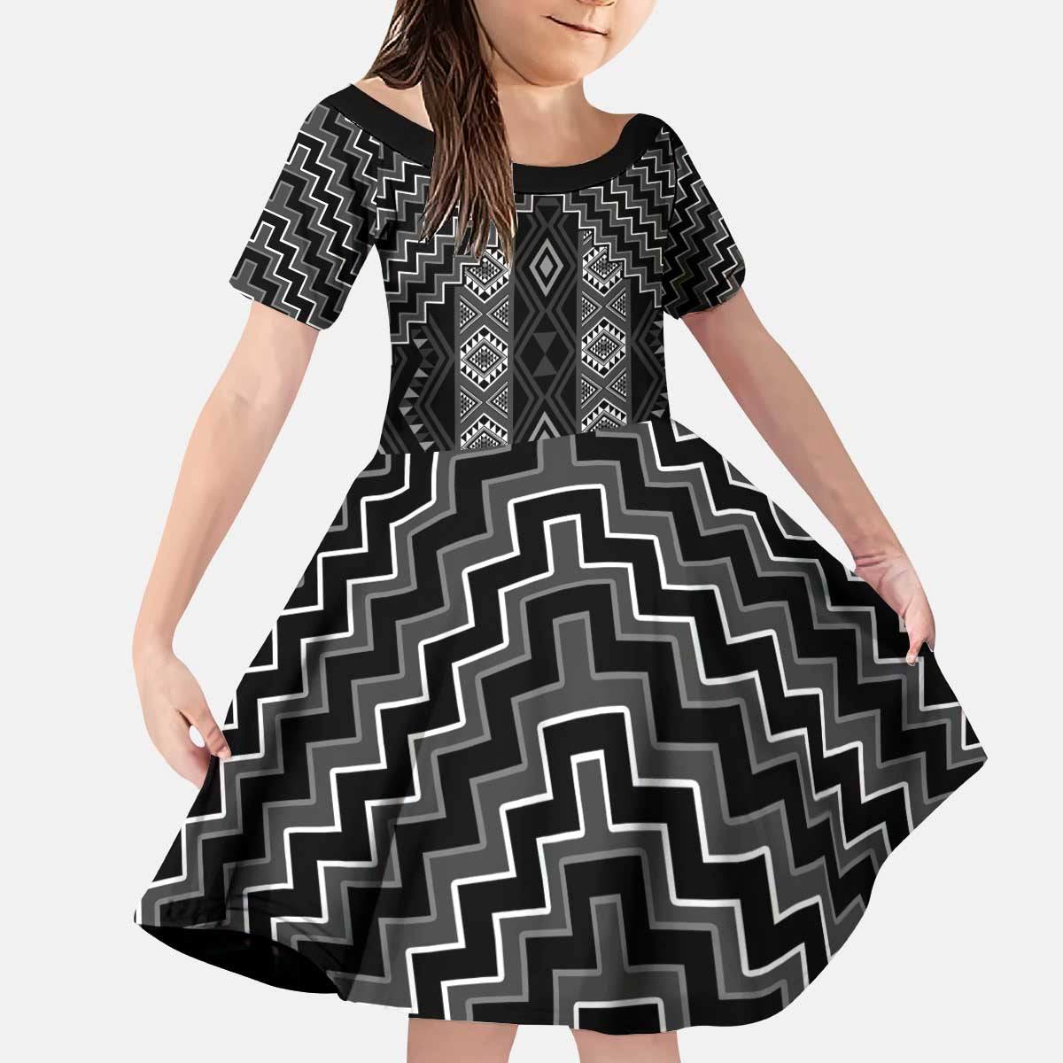 New Zealand Aotearoa Kid Short Sleeve Dress Black Poutama With Taniko Pattern LT05 KID Black - Polynesian Pride