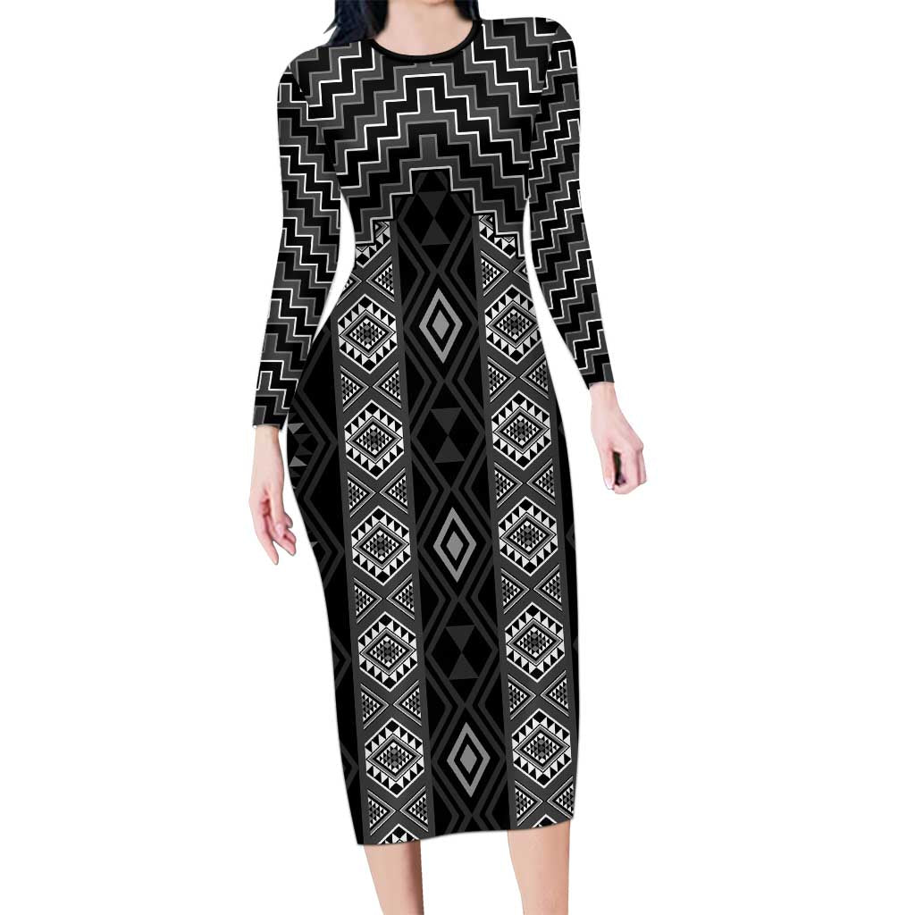 New Zealand Aotearoa Long Sleeve Bodycon Dress Black Poutama With Taniko Pattern LT05 Long Dress Black - Polynesian Pride