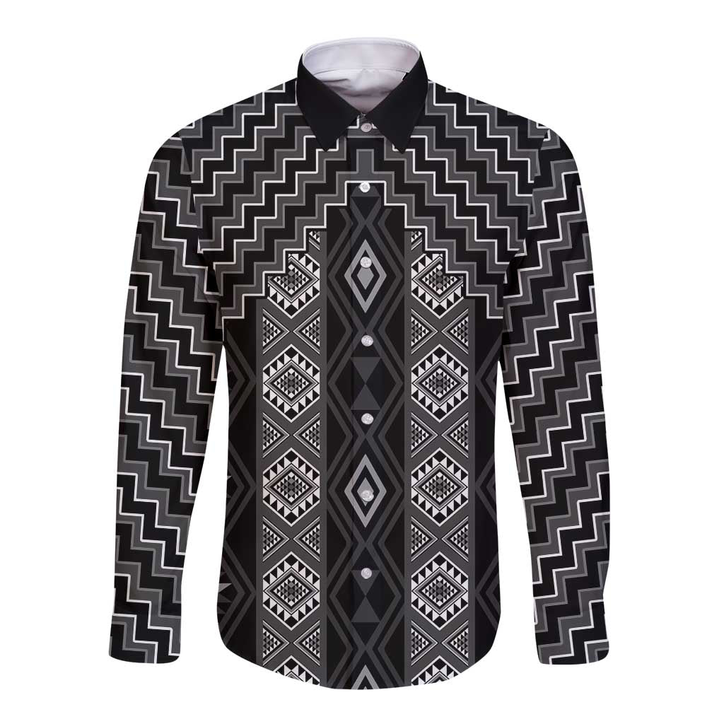 New Zealand Aotearoa Long Sleeve Button Shirt Black Poutama With Taniko Pattern LT05 Unisex Black - Polynesian Pride