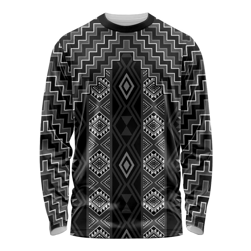 New Zealand Aotearoa Long Sleeve Shirt Black Poutama With Taniko Pattern LT05 Unisex Black - Polynesian Pride