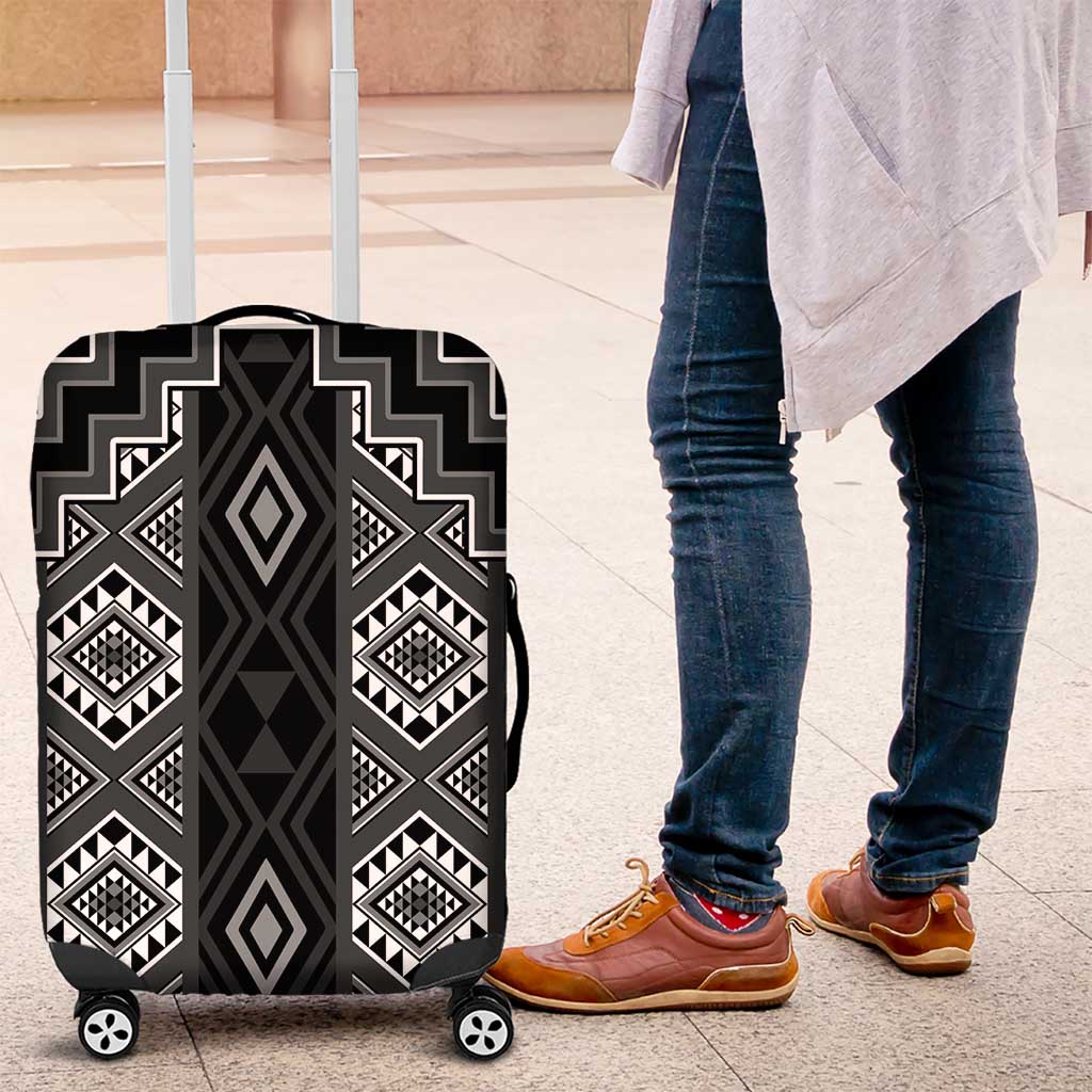 New Zealand Aotearoa Luggage Cover Black Poutama With Taniko Pattern LT05 Black - Polynesian Pride