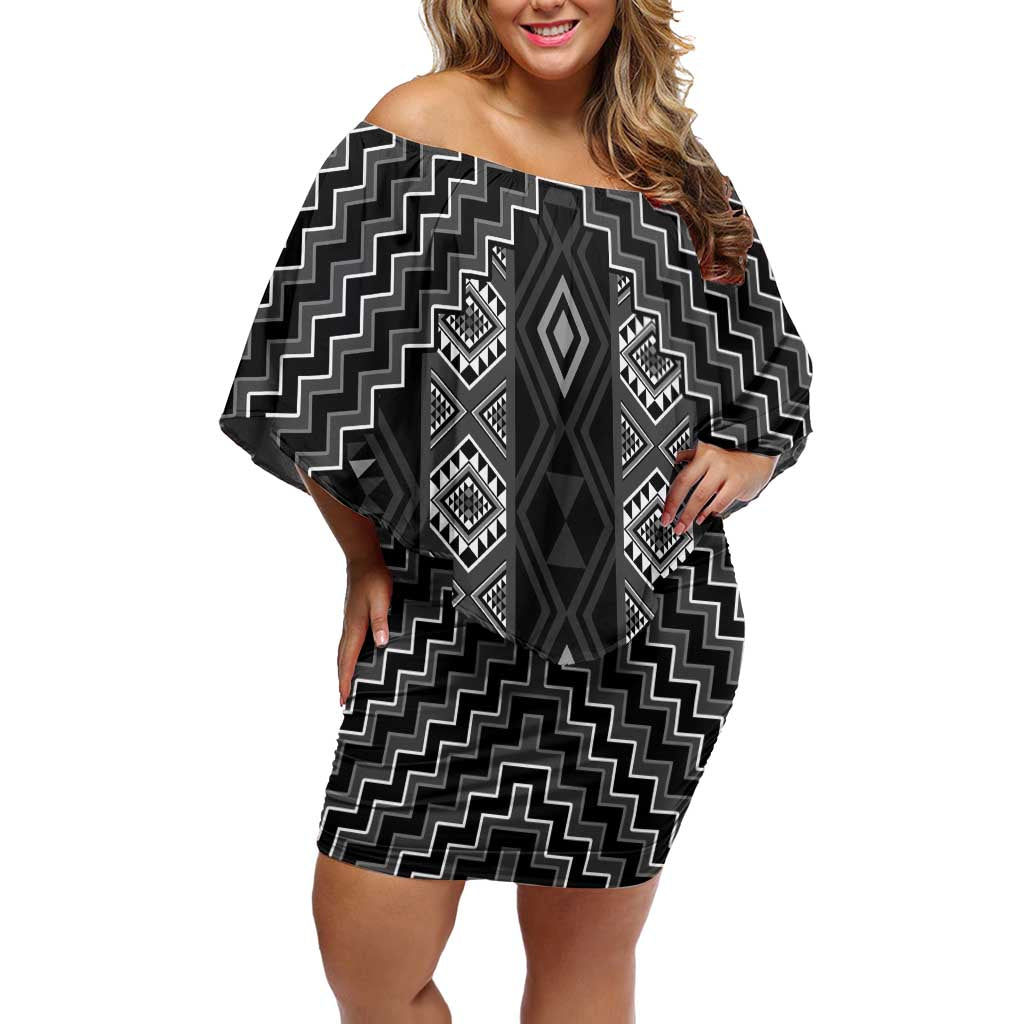 New Zealand Aotearoa Off Shoulder Short Dress Black Poutama With Taniko Pattern LT05 Women Black - Polynesian Pride