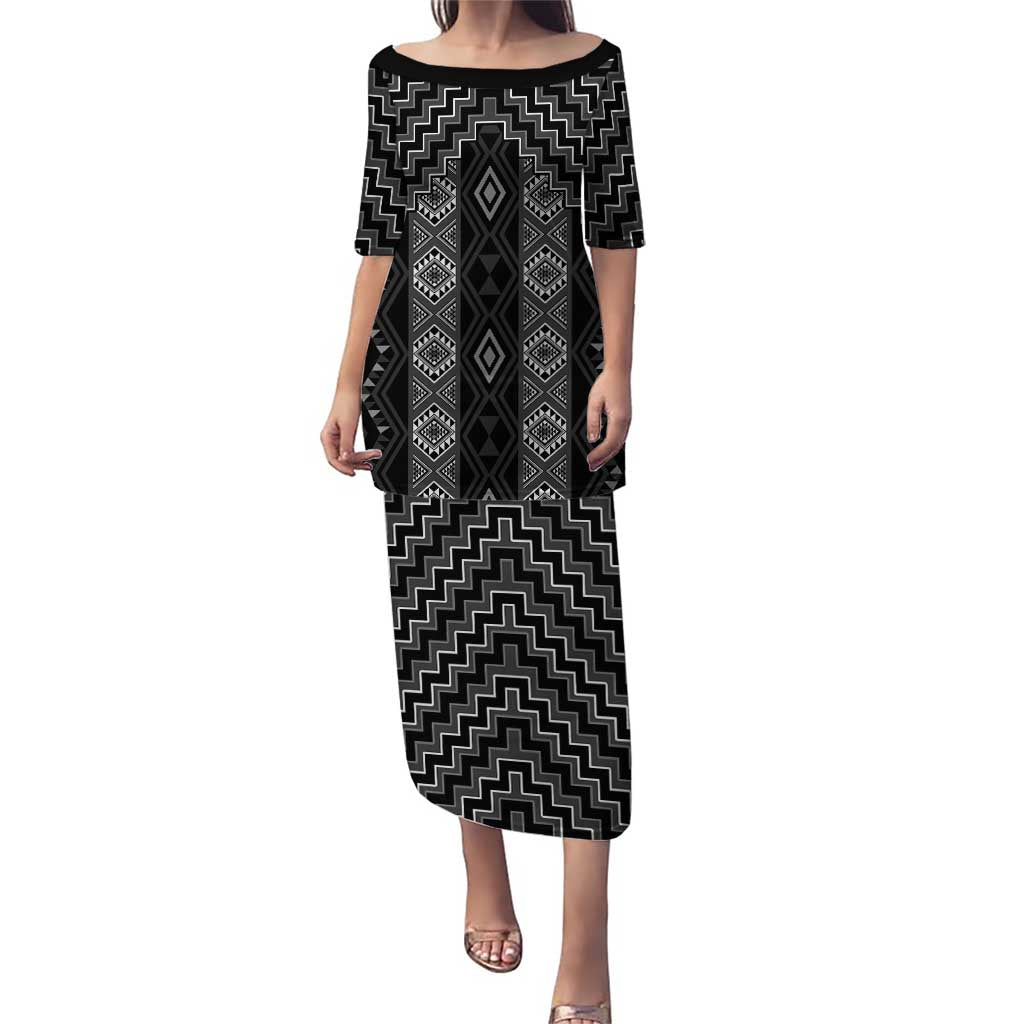 New Zealand Aotearoa Puletasi Black Poutama With Taniko Pattern LT05 Long Dress Black - Polynesian Pride