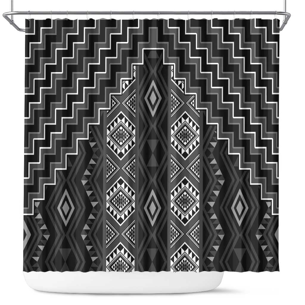 New Zealand Aotearoa Shower Curtain Black Poutama With Taniko Pattern LT05 Black - Polynesian Pride