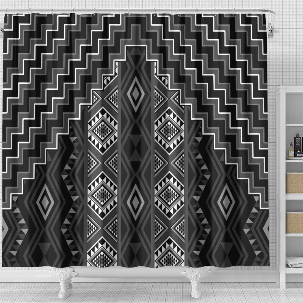 New Zealand Aotearoa Shower Curtain Black Poutama With Taniko Pattern LT05 - Polynesian Pride