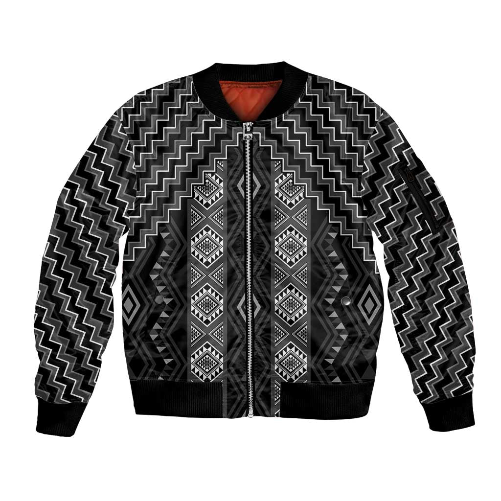 New Zealand Aotearoa Sleeve Zip Bomber Jacket Black Poutama With Taniko Pattern LT05 Unisex Black - Polynesian Pride