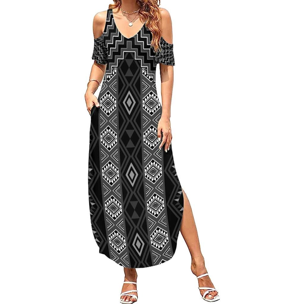 New Zealand Aotearoa Summer Maxi Dress Black Poutama With Taniko Pattern LT05 Women Black - Polynesian Pride