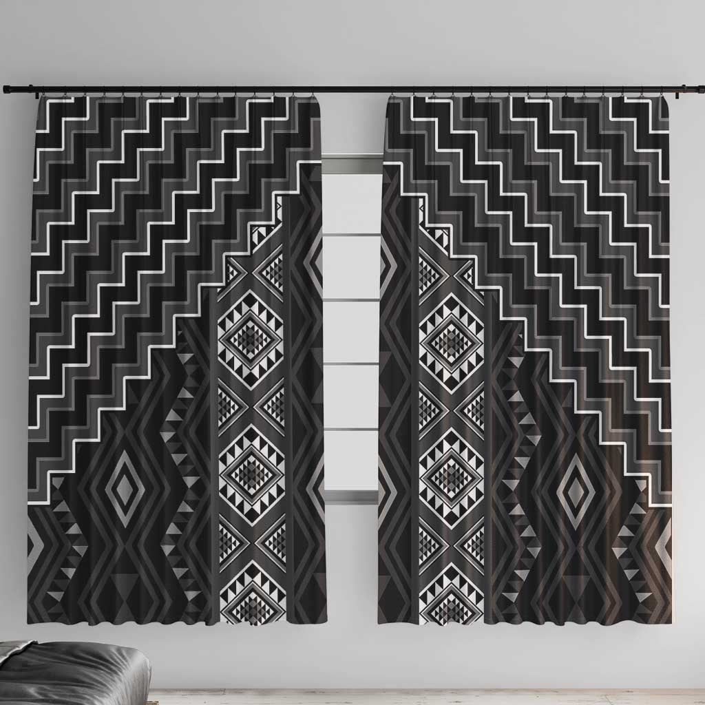 New Zealand Aotearoa Window Curtain Black Poutama With Taniko Pattern LT05 With Hooks Black - Polynesian Pride